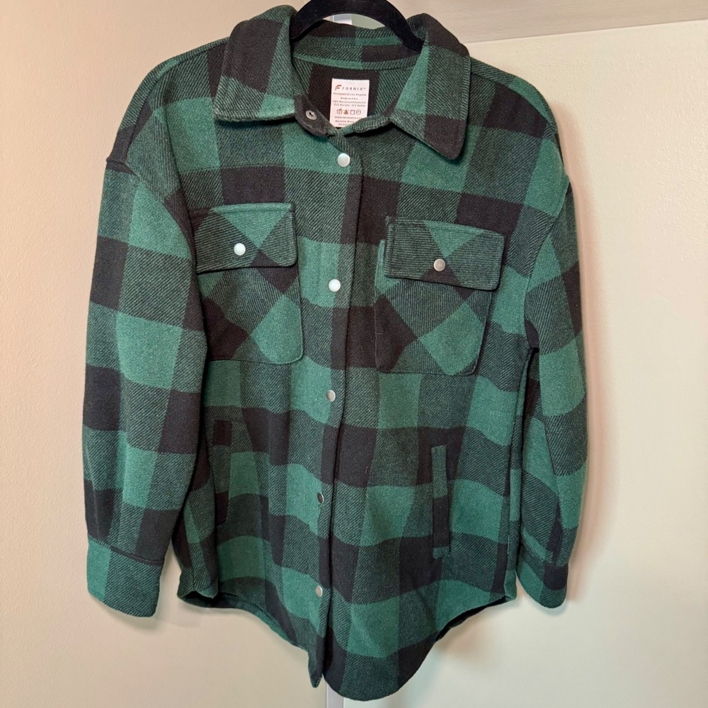 Fornia Green‎ Black Buffalo Plaid Flannel Shacket Women Small Oversized Jacket